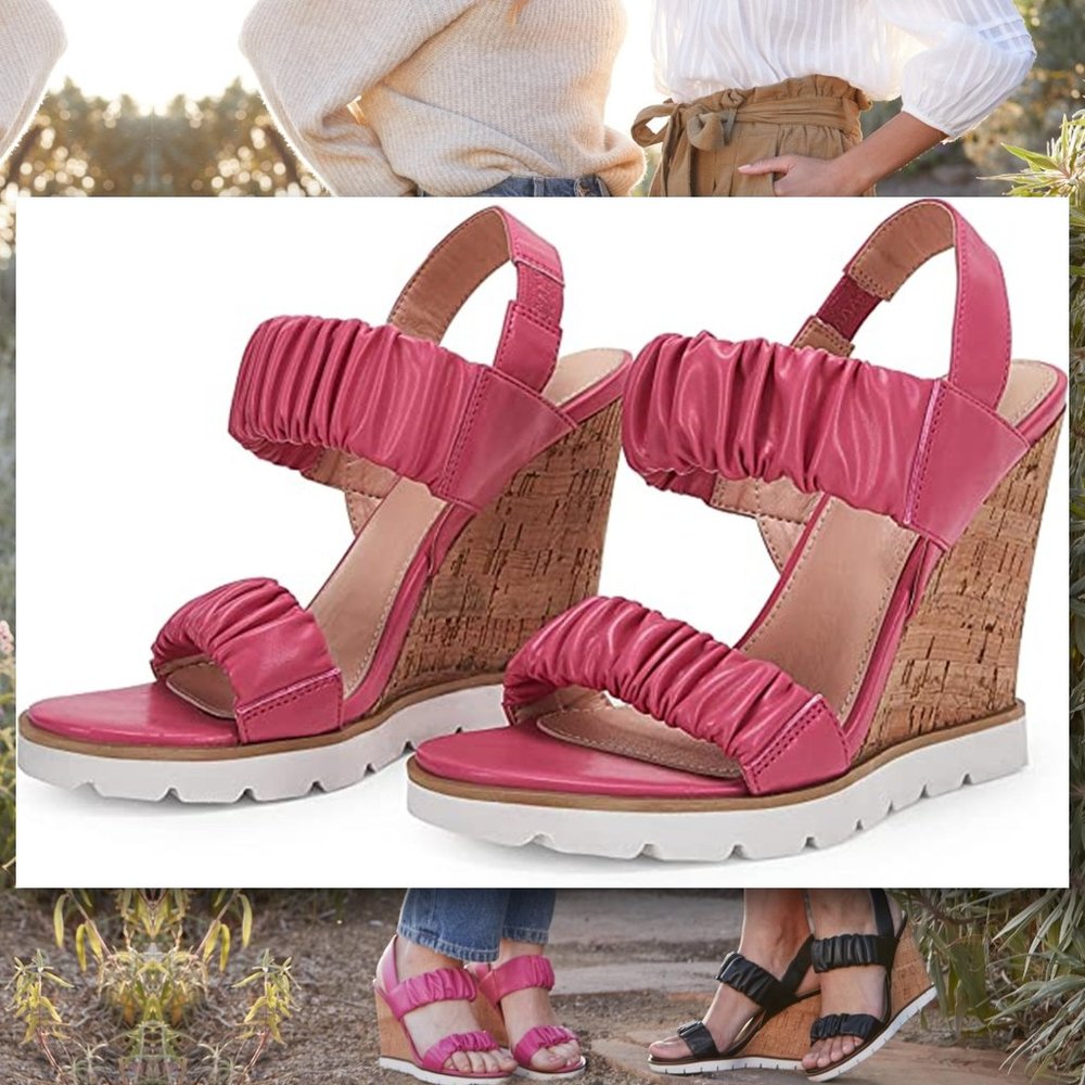PIEPIEBUY Flirty Ruched Faux Leather High Cork Wedge Sandals NEW IN BOX! - Picture 1 of 8